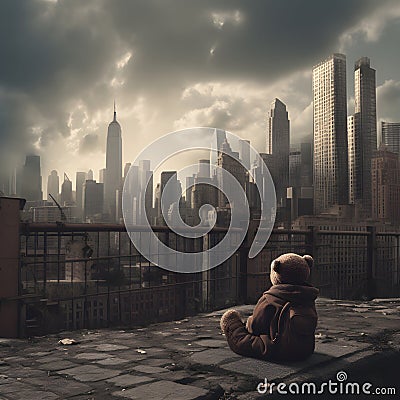 A lost lonely teddy bears sitting in front of the ruined city. Armageddon concept. Teddy bear after the end of the world or after Stock Photo