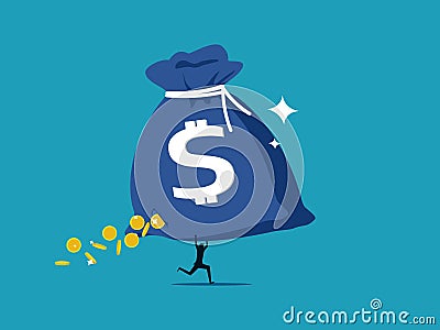 Lost profit. Businessman big money bag with leaked money Vector Illustration