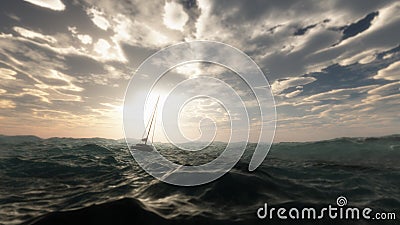 Lost sailing boat in wild stormy ocean. Stock Photo