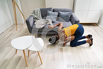 Lost Something. Girl Searching Stuff Stock Photo