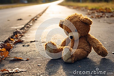 Lost teddy bear, a forlorn sight, awaits its owner on the street Stock Photo