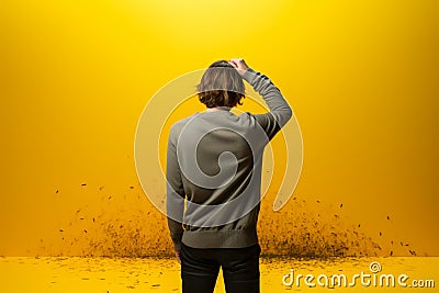 Lost in thought, a handsome man stands out on a yellow stage Stock Photo