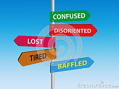 Lost, tired, confused, disoriented, baffled directional road sign Cartoon Illustration