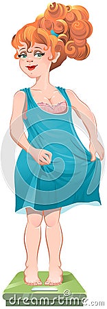She lost weight. Thin red-haired girl standing on the scales Vector Illustration