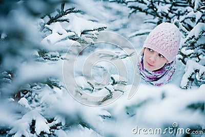 Lost Woman in Forest After Snowstorm Stock Photo