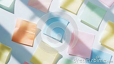 A lot of aesthetic pastel coloured sticky note reminders on white background. Sun rays.Minimalist concept. Generative AI Stock Photo