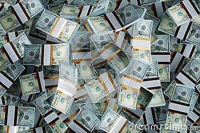 A lot of american dollars in packs top view, bundles of money. 3D render, 3D illustration Cartoon Illustration