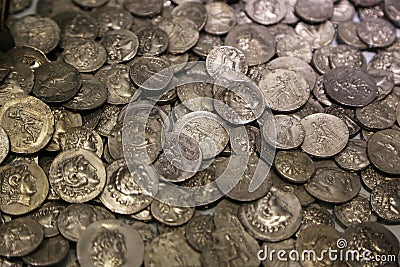 Lot of antique Roman coins. Stock Photo