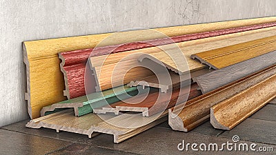 A lot of baseboards in different colors and variations stacked up near the wall. Cartoon Illustration