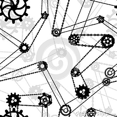 A lot of black different silhouettes of cogwheels connected by bicycle chains, ancient steampunk mechanism seamless Vector Illustration