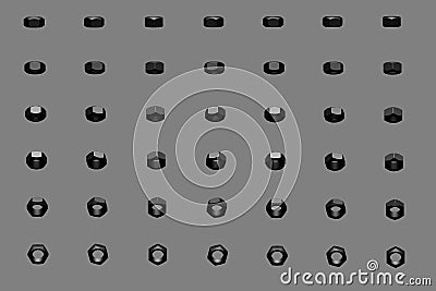 A lot of black screw-nuts rotated by different angles isolated on grey - cute industrial 3D illustration, image for any using Cartoon Illustration