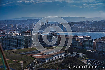 Lot of buildings in the coastal city Coruna in Spain Stock Photo