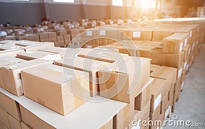A lot of cardboard boxes in stock. Detention of smuggled goods at customs. The concept of illegal crossing of cigarette and Stock Photo