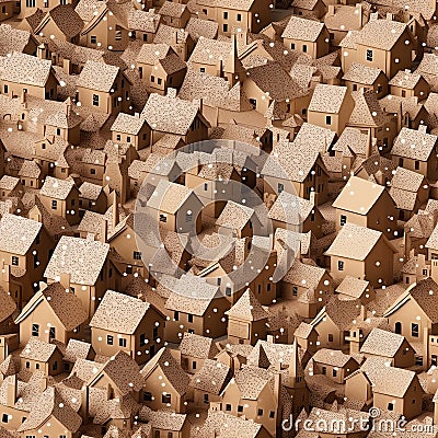 A lot of cardboard houses with snow, Christmas greeting card. Generative AI image. Stock Photo