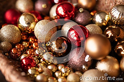 A lot of christmas red and golden small and large balls Stock Photo