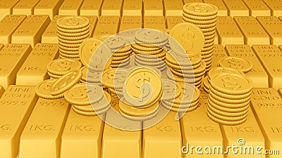 A Lot of coins on Gold bars 1 Kilograms. 3d rendering - illustration Cartoon Illustration