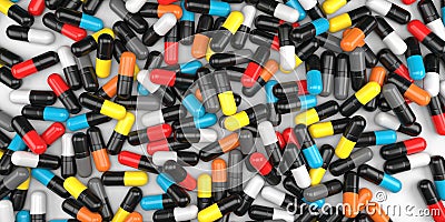 A lot of colorful capsules. 3D rendering on the theme of medicine. Medicines in the form of capsules are piled in a pile Stock Photo