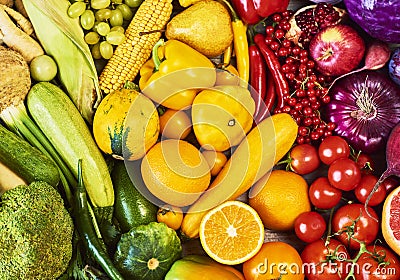 Colorful fruits and vegetables background. Rainbow collection Stock Photo