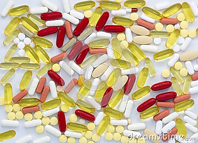 A lot of colorful vitamins and pills isolated on white background,image Stock Photo