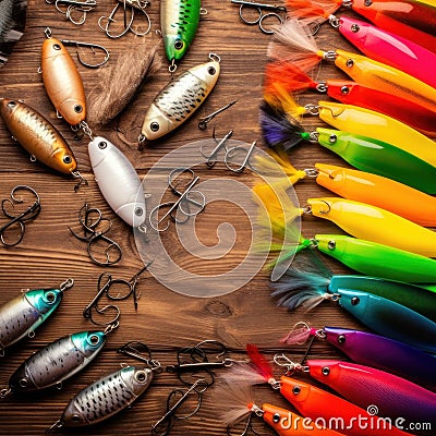 Lot of multicolored fishing lures on a wooden background. AI generative illustration Cartoon Illustration