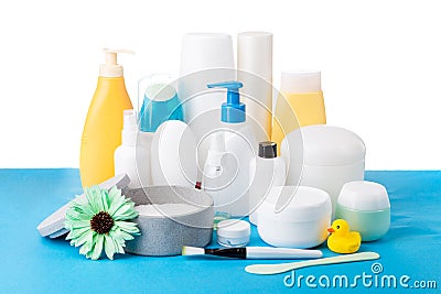 A lot of different cosmetic products for personal care Stock Photo