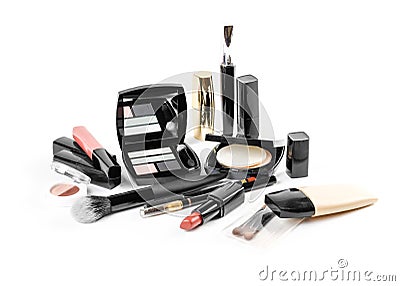 A lot of different cosmetics in one photograph. Lipstick, eye sh Stock Photo