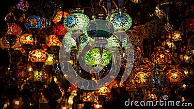 A lot of different oriental light lamps, Turkish background. Editorial Stock Photo
