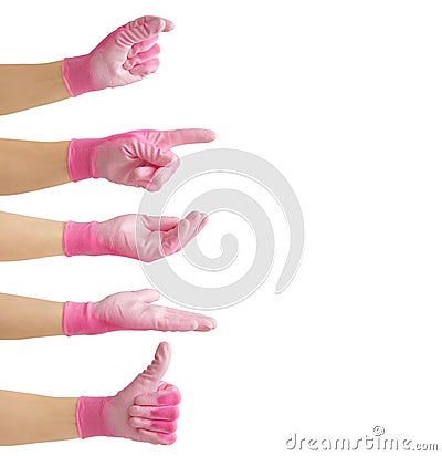 Lot of different woman hand gestures with pink gardening glove isolated on white. Stock Photo