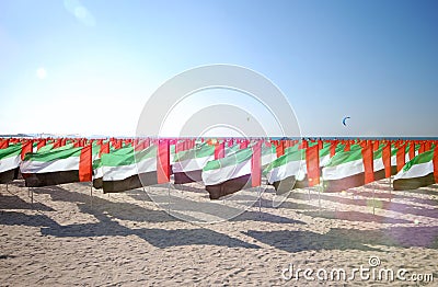 Lot of flags United Arab Emirates for the anniversary celebration on the beach. Sun ray. Stock Photo