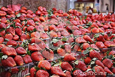 A lot of Fresh strawberry baskets. Stock Photo