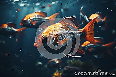 a lot of Golden river wild fish swim in the lake, close up view. underwater world Stock Photo