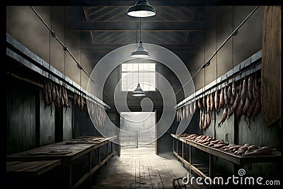 A lot of half cow chunks fresh hung and arranged in a large fridge in the abattoir fridge meat industry. Neural network Stock Photo