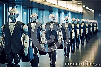 in suits walking down a long corridor. Robots replacing humans in offices. Generative AI Stock Photo