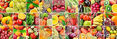 Lot images fruits, vegetables and berries in frame. Stock Photo