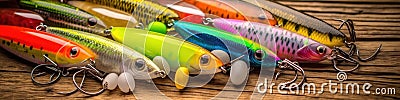 Lot of multicolored fishing lures on a wooden background. AI generative illustration Cartoon Illustration