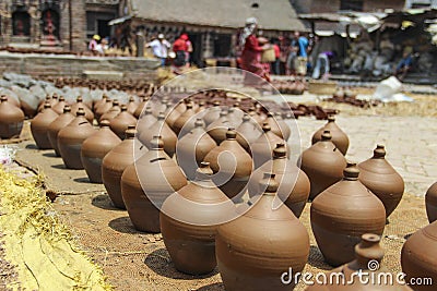 A lot of orange pots. Traditional Ceramic Pottery in Bhaktapur Town, Nepal Stock Photo