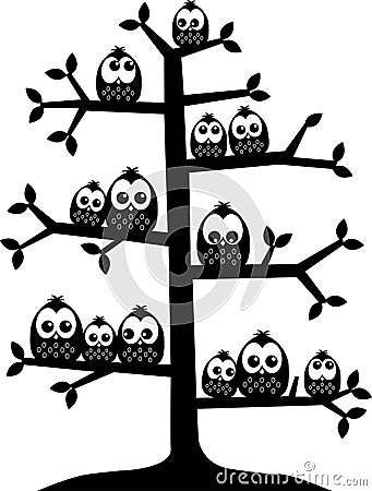 Lot of owls sitting in a tree Vector Illustration