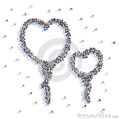 A lot of people form balloons, love, heart, icon . 3d rendering. Cartoon Illustration