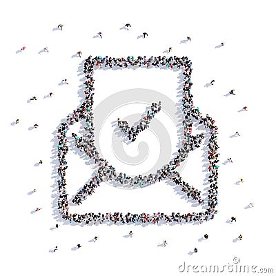 A lot of people form letter, check mark, icon . 3d rendering. Cartoon Illustration