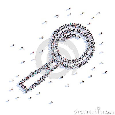 A lot of people form loupe, trekking, icon . 3d rendering. Cartoon Illustration