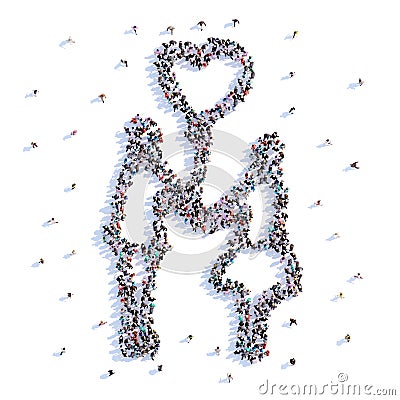 A lot of people form newlyweds, wedding, icon . 3d rendering. Cartoon Illustration