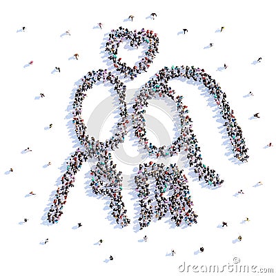 A lot of people form newlyweds, wedding, icon . 3d rendering. Cartoon Illustration