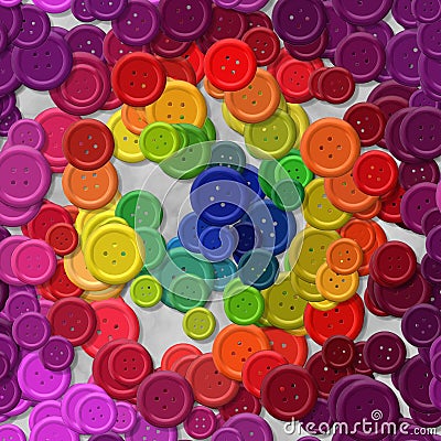 A lot of rainbow multi colored vintage plastic buttons randomly scattered on the gray background - top view Stock Photo