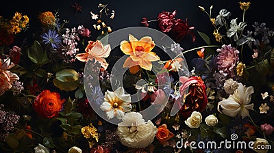 A lot of random flowers on dark background Stock Photo