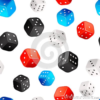 Lot of realistic casino dices, bright seamless pattern on white Vector Illustration
