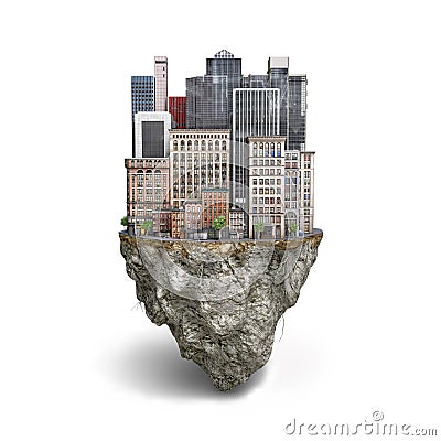 A lot of skyscrapers are closely located on isolated piece of ground or island, on a white background, Cartoon Illustration