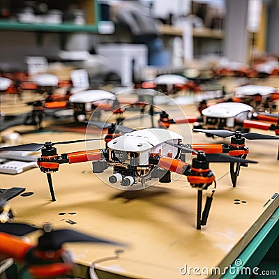 Lots of small quadcopters on the table Stock Photo