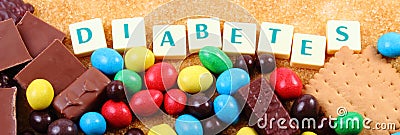 A lot of sweets, brown sugar and word diabetes, unhealthy food Stock Photo