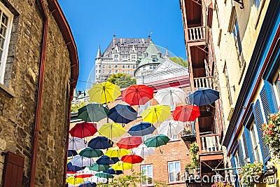 Lot of Umbrellas in Petit Champlain street Quebec city Editorial Stock Photo