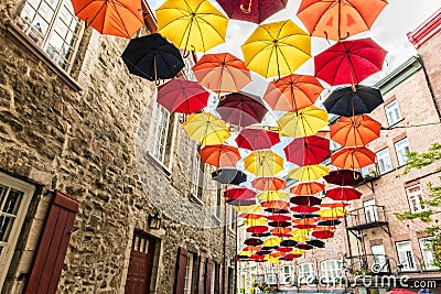 Lot of Umbrellas in Petit Champlain street Quebec city, Canada Stock Photo